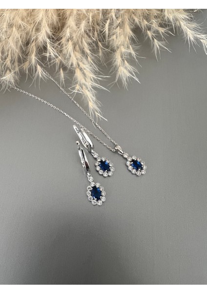Gümüş Safir Oval Taşlı Sallantılı Küpe ve Kolye Seti modelleri