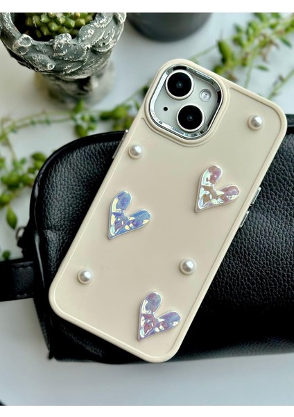 Aksesuar 14 - 15 Uyumlu Taş Kalp Tasarımlı Oyuncaklı Silikon Kılıf - Kremtaşkalp