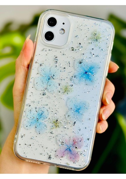 Aksesuar 11 ile Uyumlu Epoksili Mavi Simli Çiçek Tasarımlı Oyuncaklı Esnek Silikon Kılıf