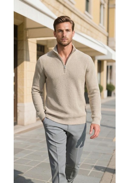 Erkek Yarım Fermuarlı Kazak Bej