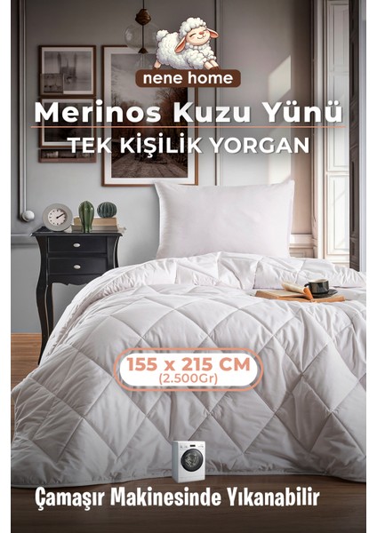 Tek Kişilik Merinos Kuzu Yünü Yorgan (%100 Saf Merinos Kuzu Yünü) 155 x 215 cm Ebat, 2500 Gram
