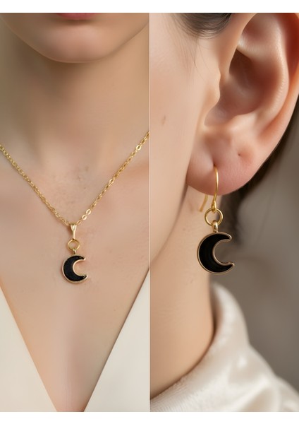 Siyah Hilal Detay Kadın Kolye Küpe Set