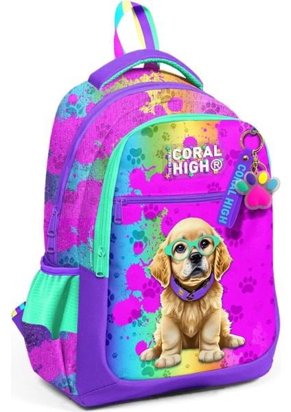 Mor Pembe Köpek Desenli Kız Çocuk Ilkokul Çantası ve Günlük Sırt Çantası