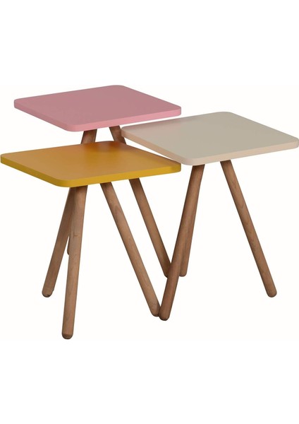Renkli Üçlü Zigon Sehpa Ahşap Ayaklı Kare Pastel Tasarım Sarı Krem Pembe