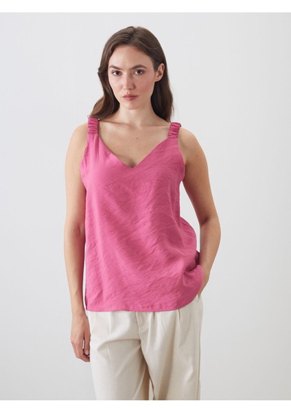 Yeni Sezon V Yaka Askılı Modal Karışımlı Bluz