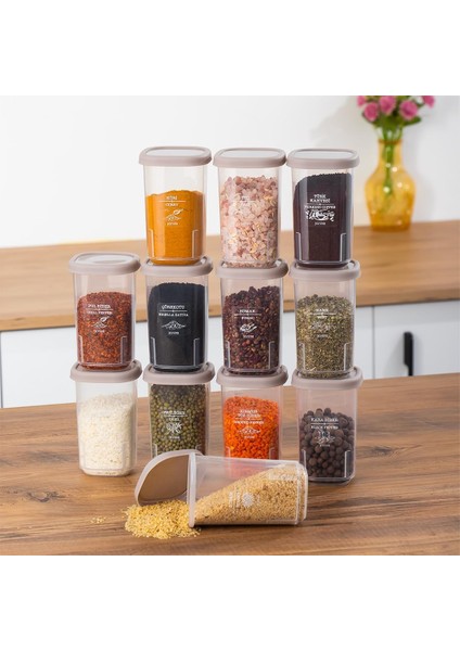 1113 12&apos;li Sızdırmaz Düz Kapaklı Etiketli Seti - Yiyecek Erzak Saklama Kabı-Cappuccino