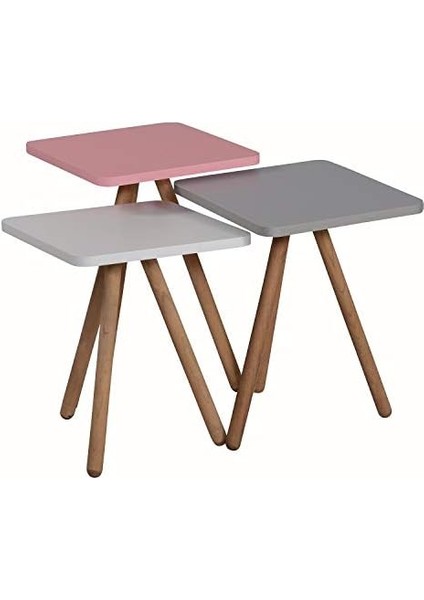 Renkli Üçlü Zigon Sehpa Ahşap Ayaklı Kare Pastel Tasarım Pembe Beyaz Gri fiyatları