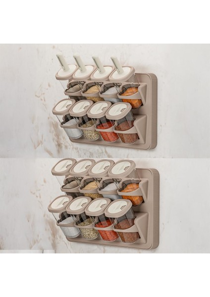 1116 Kaydırmalı Kaşıklı 360° Döner Kapaklı Etiketli Seti - Erzak Saklama Kabı Cappuccino