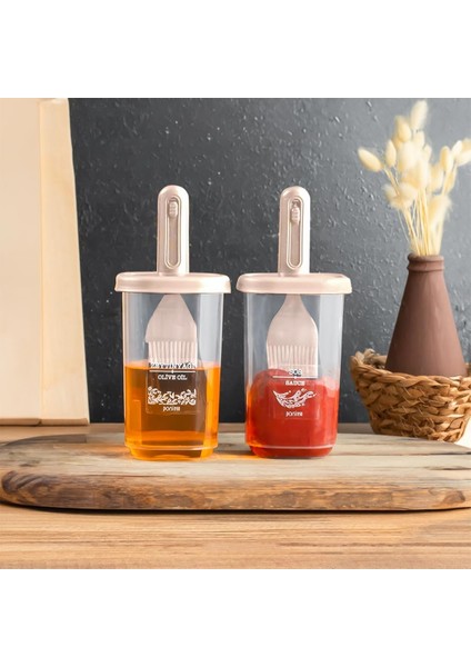 0520 2&apos;li Etiketli Silikon Fırçalı Yağlık - Sosluk-Yağdanlık Erzak Saklama Kabı 350CC - Cappuccino