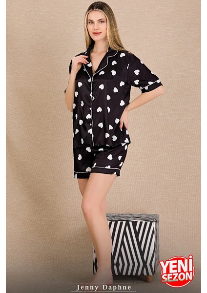 Lady Saten Siyah Renk Kalp Desenli Kısa Kollu 2 Li Şortlu Saten Pijama Takımı