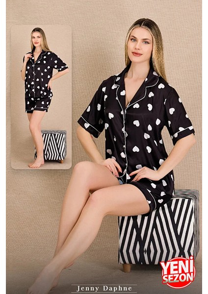Lady Saten Siyah Renk Kalp Desenli Kısa Kollu 2 Li Şortlu Saten Pijama Takımı fiyatları