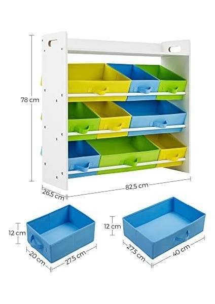 Çocuk Odası Rafı, 9 Polar Sepetli Oyuncak Düzenleyici, Çocuk Odası Için Oyuncak ve Kitaplık, Beyaz Çerçeve, GKR31WT, 78 x 26,5 x 82,5 cm modelleri