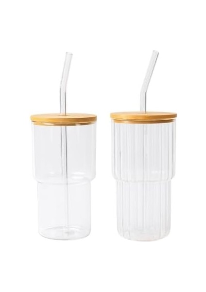 2’li Cam Kahve Bardağı Seti – Bambu Kapaklı, Cam Pipet Hediyeli, Şık Soğuk & Içecek Bardağı