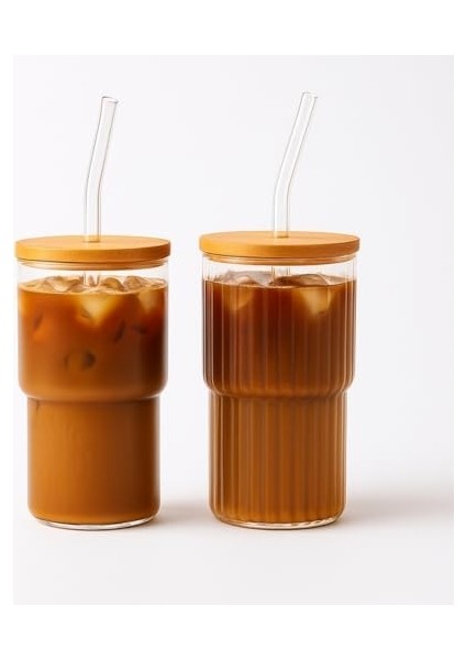 2’li Cam Kahve Bardağı Seti – Bambu Kapaklı, Cam Pipet Hediyeli, Şık Soğuk & Içecek Bardağı modelleri