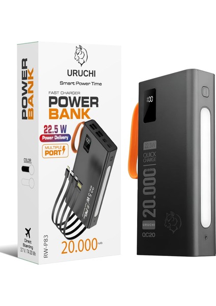 22.5W Pd 3.0 Hızlı Şarj Powerbank, 20.000 Mah Gerçek Kapasite, Type-C ile 15/16 Serisi Dahil, ve Tüm Cihazlarla Uyumlu, Qc2.0 Destekli, Taşınabilir Cihazı (Siyah)