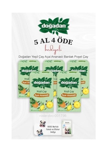 Yeşil Çay Açai Ananaslı Bardak Poşet Çay 5 Al 4 Öde ve Rosie Pamuk