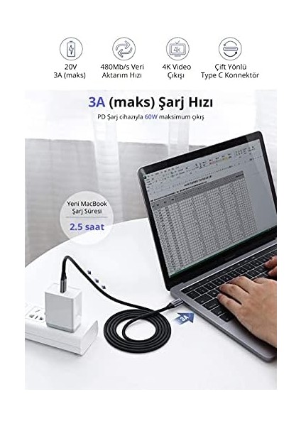USB 3.1 Type-C To Type-C Data ve Şarj Kablosu, 1.5 Metre modelleri