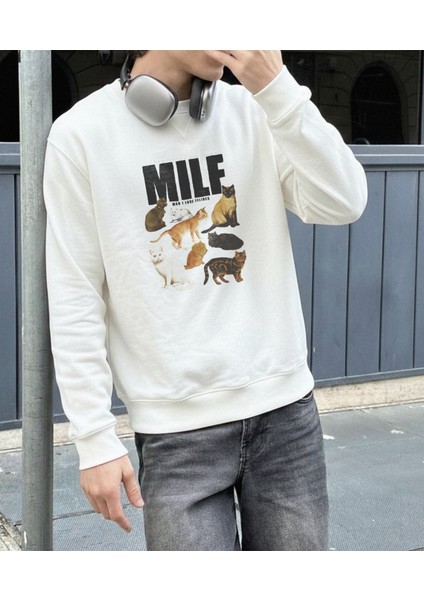 Erkek Bisiklet Yaka Milf Regular Fit Sweatshirt Nefes Alan Baskılı Pamuklu Rahat