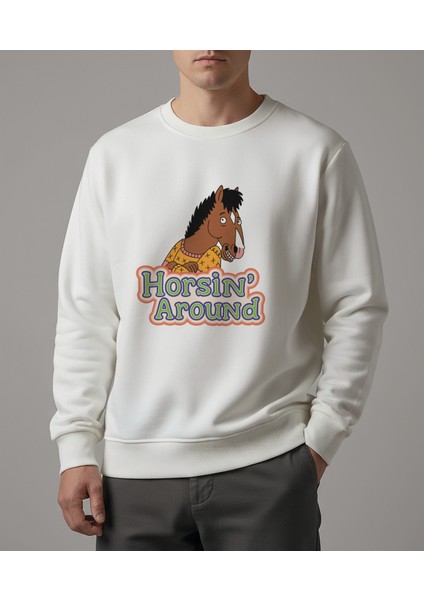Erkek Bisiklet Yaka Bojack Horseman Regular Fit Sweatshirt Nefes Alan Baskılı Pamuklu Rahat
