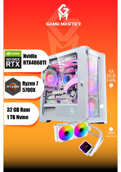 Full Sistem Set Hydra 4060TI Ryzen 7 5700X Cpu 32GB 3200MHZ Ram 1tb M.2 SSD RTX4060TI 27" 165hz Monitör Beyaz Gaming Pc modelleri