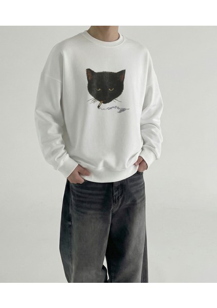 Erkek Bisiklet Yaka Siyah Kedi Baskılı Regular Fit Sweatshirt Nefes Alan Baskılı Pamuklu