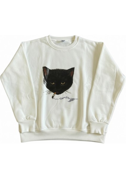 Erkek Bisiklet Yaka Siyah Kedi Baskılı Regular Fit Sweatshirt Nefes Alan Baskılı Pamuklu fiyatları