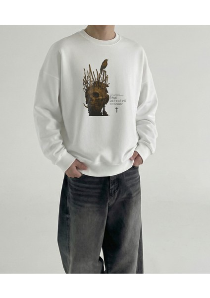 Erkek Bisiklet Yaka True Detective Regular Fit Sweatshirt Nefes Alan Baskılı Pamuklu Rahat