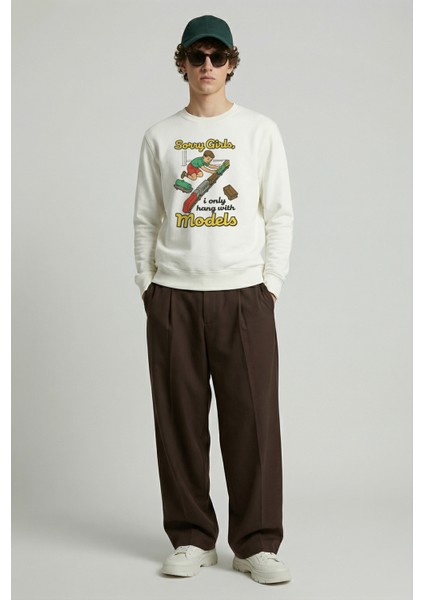 Erkek Bisiklet Yaka Sorry Girls Regular Fit Sweatshirt Nefes Alan Baskılı Pamuklu Rahat