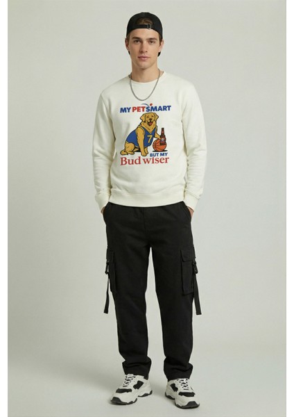 Erkek Bisiklet Yaka Budwiser Regular Fit Sweatshirt Nefes Alan Baskılı Pamuklu Rahat