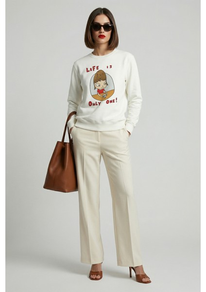 Kadın Bisiklet Yaka Yoshitomo Nara Baskılı Sweatshirt Regular Fit Nefes Alan Baskılı Pamuklu