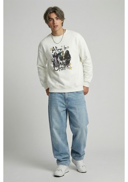 Erkek Bisiklet Yaka Alice In Chains Regular Fit Sweatshirt Nefes Alan Baskılı Pamuklu Rahat