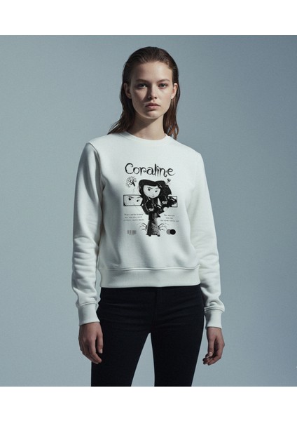 Kadın Bisiklet Yaka Coraline Baskılı Sweatshirt Regular Fit Nefes Alan Baskılı Pamuklu