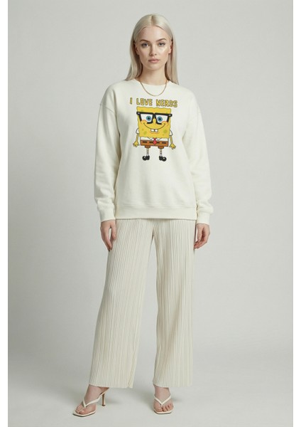 Kadın Bisiklet Yaka Sünger Bob Sweatshirt Regular Fit Nefes Alan Baskılı Pamuklu