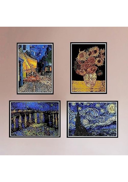Scratch Art Tablo 4 Parça Vincent Van Gogh Çizik Gökkuşağı Kağıt Seti Yetişkinler ve Çocuklar Için, Kendin Yap Eskiz Kartı Gravür Zanaat Gece Görüşü Kazı Tahtası 4 Aletli - Kafe Terası, Ayçiçekleri,