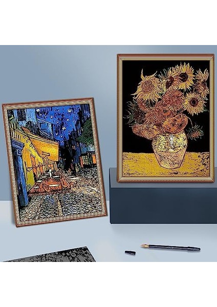 Scratch Art Tablo 4 Parça Vincent Van Gogh Çizik Gökkuşağı Kağıt Seti Yetişkinler ve Çocuklar Için, Kendin Yap Eskiz Kartı Gravür Zanaat Gece Görüşü Kazı Tahtası 4 Aletli - Kafe Terası, Ayçiçekleri, fiyatları