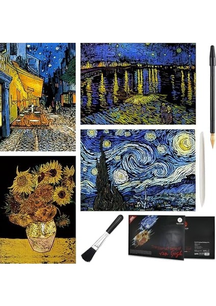 Scratch Art Tablo 4 Parça Vincent Van Gogh Çizik Gökkuşağı Kağıt Seti Yetişkinler ve Çocuklar Için, Kendin Yap Eskiz Kartı Gravür Zanaat Gece Görüşü Kazı Tahtası 4 Aletli - Kafe Terası, Ayçiçekleri, modelleri