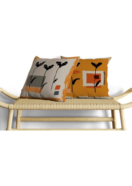 Soyut Bitki Desenli Dijital Baskı Çift Taraf Desenli 2'li Kare Yastık Kırlent Kılıfı