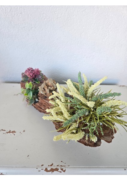 El Yapımı Doğal Ağaç Kabuğu Dekor – Mor & Beyaz Yapay Çiçekli Masa Süsü fırsatları