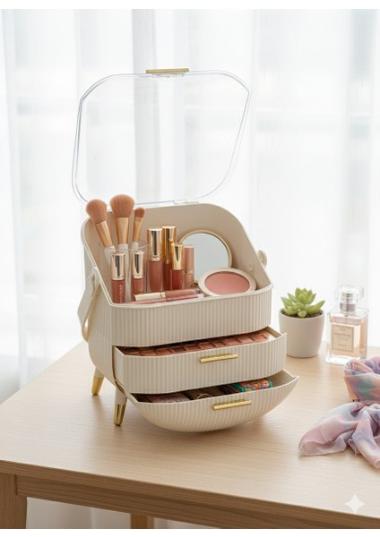 Taşınabilir Lüks Kozmetik ve Takı Organizeri | Şeffaf Kapaklı Çekmeceli Makyaj Saklama Kutusu