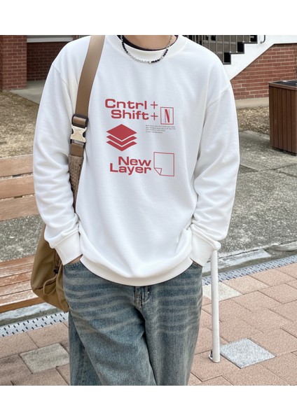 Erkek Bisiklet Yaka Photoshop New Layer Regular Fit Sweatshirt Nefes Alan Baskılı Pamuklu