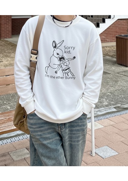 Erkek Bisiklet Yaka Sorry Kid Tavşanı Regular Fit Sweatshirt Nefes Alan Baskılı Pamuklu Rahat