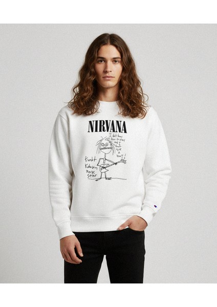Erkek Bisiklet Yaka Nirvana Regular Fit Sweatshirt Nefes Alan Baskılı Pamuklu Rahat