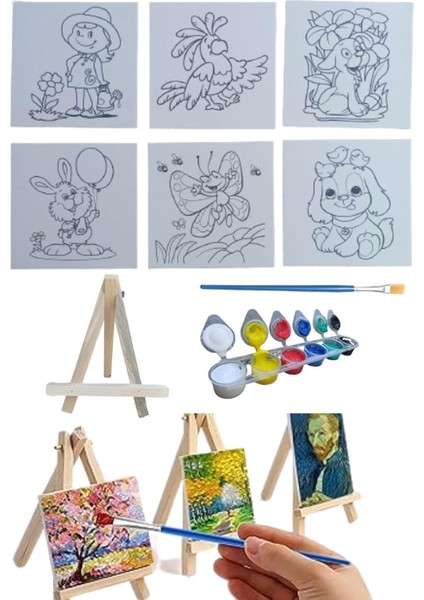 Dsh Doğal Seramik Hamuru Mini Şövale Çizimli Resim Başlangıç Seti, Akrilik Boya, Fırça, Şövale Çocuk Hediye Ressam Seti