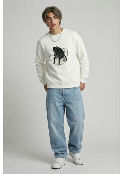 Erkek Bisiklet Yaka Siyah Kedi Regular Fit Sweatshirt Nefes Alan Baskılı Pamuklu Rahat