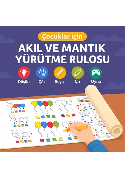 🧠 Mantık Oyunları ve Etkinlik Rulosu – 5 Metre Dev Eğitici Aktivite Kağıdı | 🌀 Çocuklar Için Dikkat Geliştirme, Labirent, Eşleştirme, Fark Bulma ve Zeka Oyunları