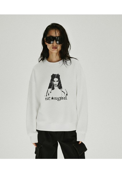 Kadın Bisiklet Yaka Stargirl Regular Fit Sweatshirt Nefes Alan Baskılı Pamuklu Rahat