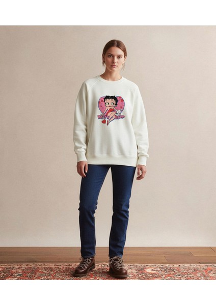 Kadın Bisiklet Yaka Betty Boop Baskılı Sweatshirt Regular Fit Nefes Alan Baskılı Pamuklu