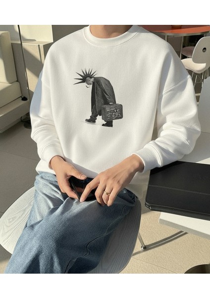 Erkek Bisiklet Yaka Punk Kafa Regular Fit Sweatshirt Nefes Alan Baskılı Pamuklu Rahat