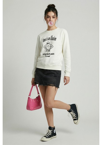 Kadın Bisiklet Yaka Backpain Sweatshirt Regular Fit Nefes Alan Baskılı Pamuklu