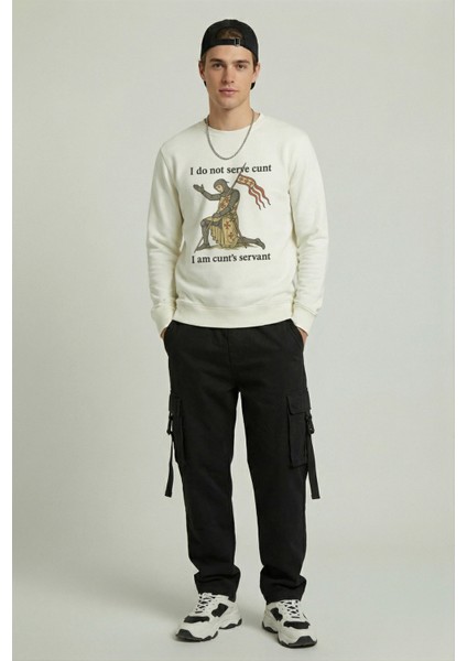 Erkek Bisiklet Yaka Servant Regular Fit Sweatshirt Nefes Alan Baskılı Pamuklu Rahat